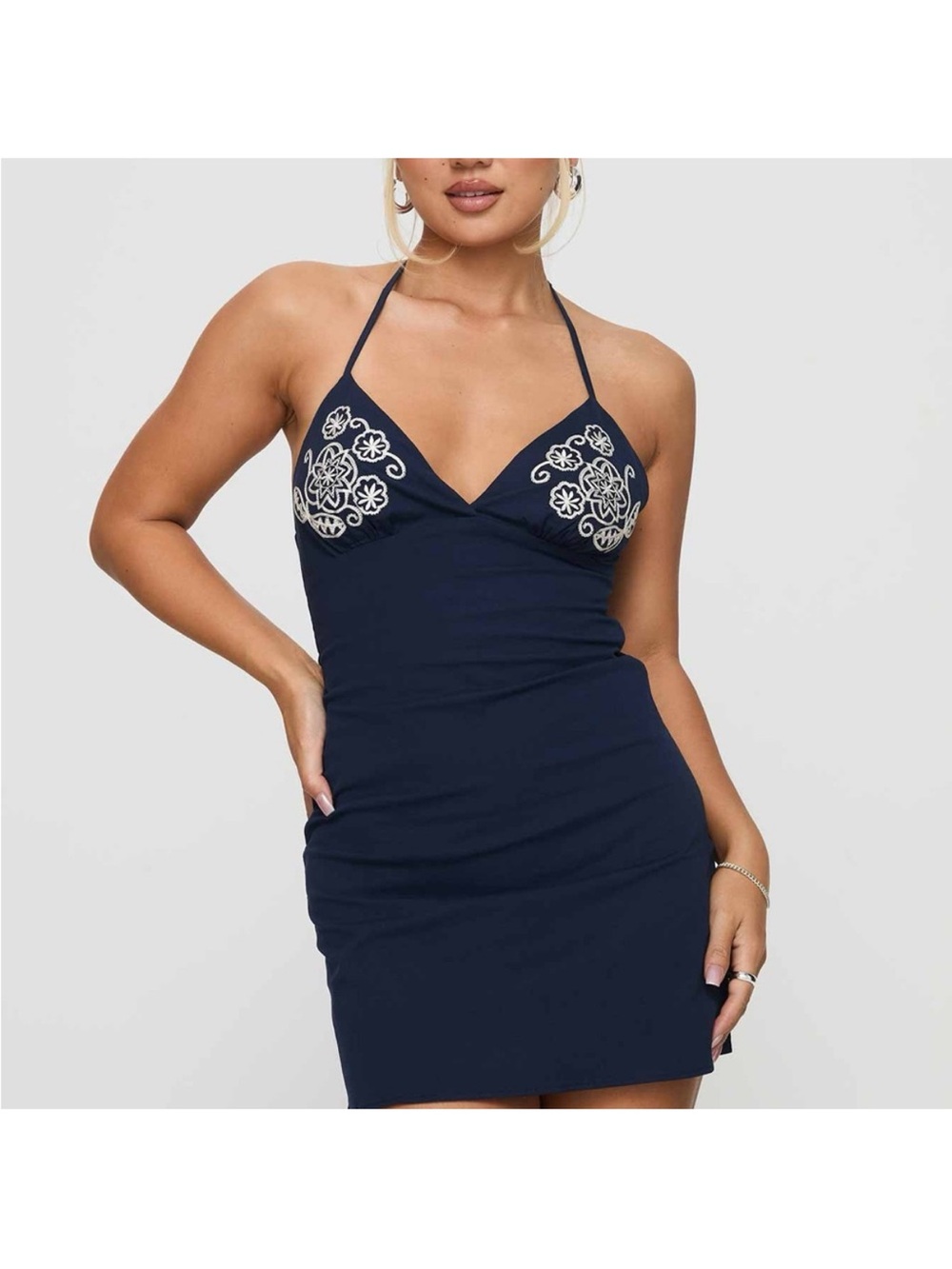 Princess Polly Dress Womens US 6 Navy Blue Embroidered Mini Halter New - Picture 4 of 11